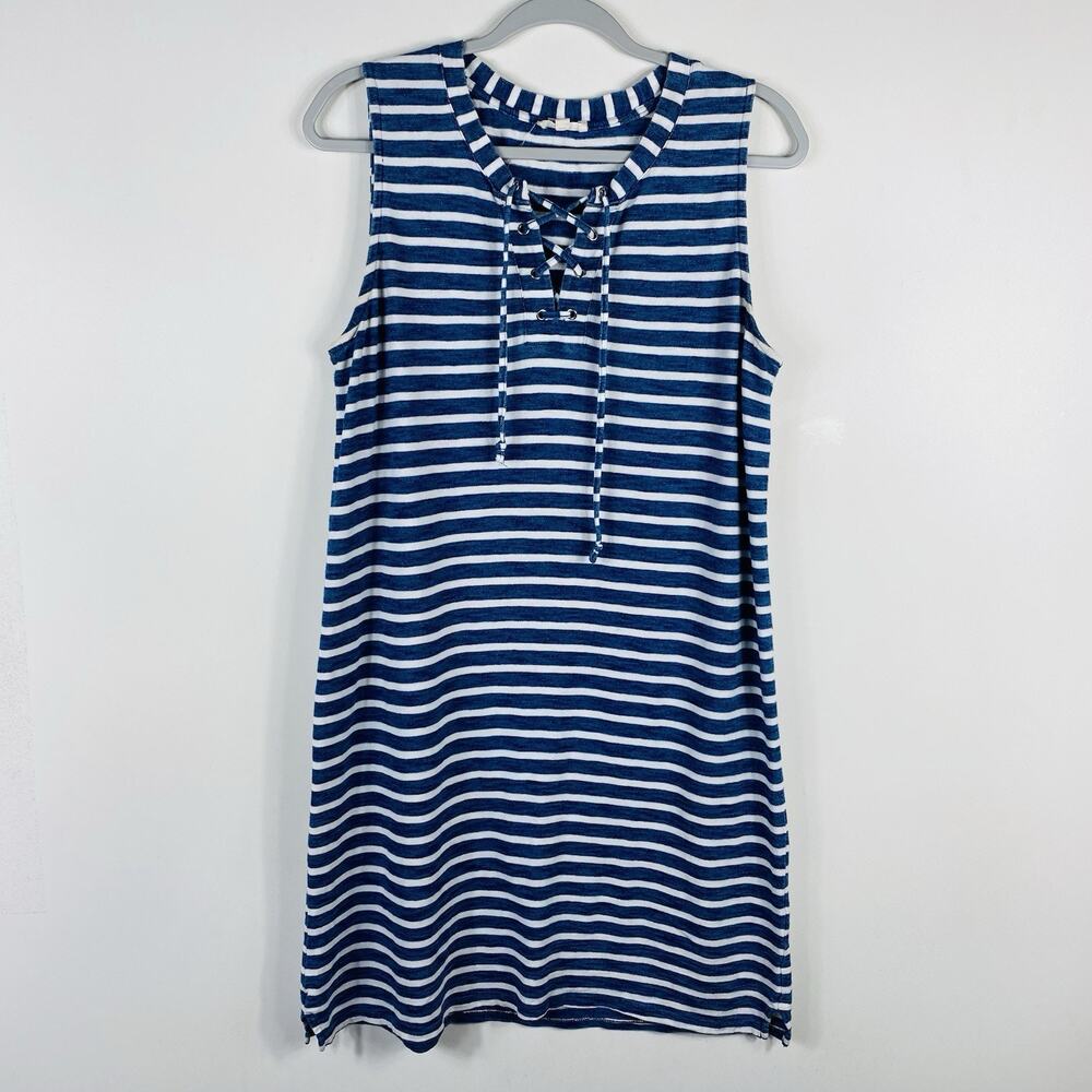 Jane & Delancey Dress Medium Striped Lace Up Sleeveless Blue White 100% Cotton